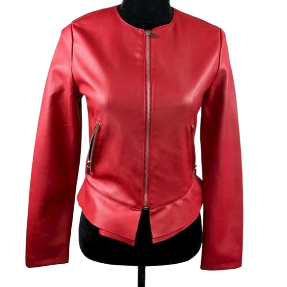 Zara Jackets & Blazers - ZARA Jacket Red Faux Leather Zip Up